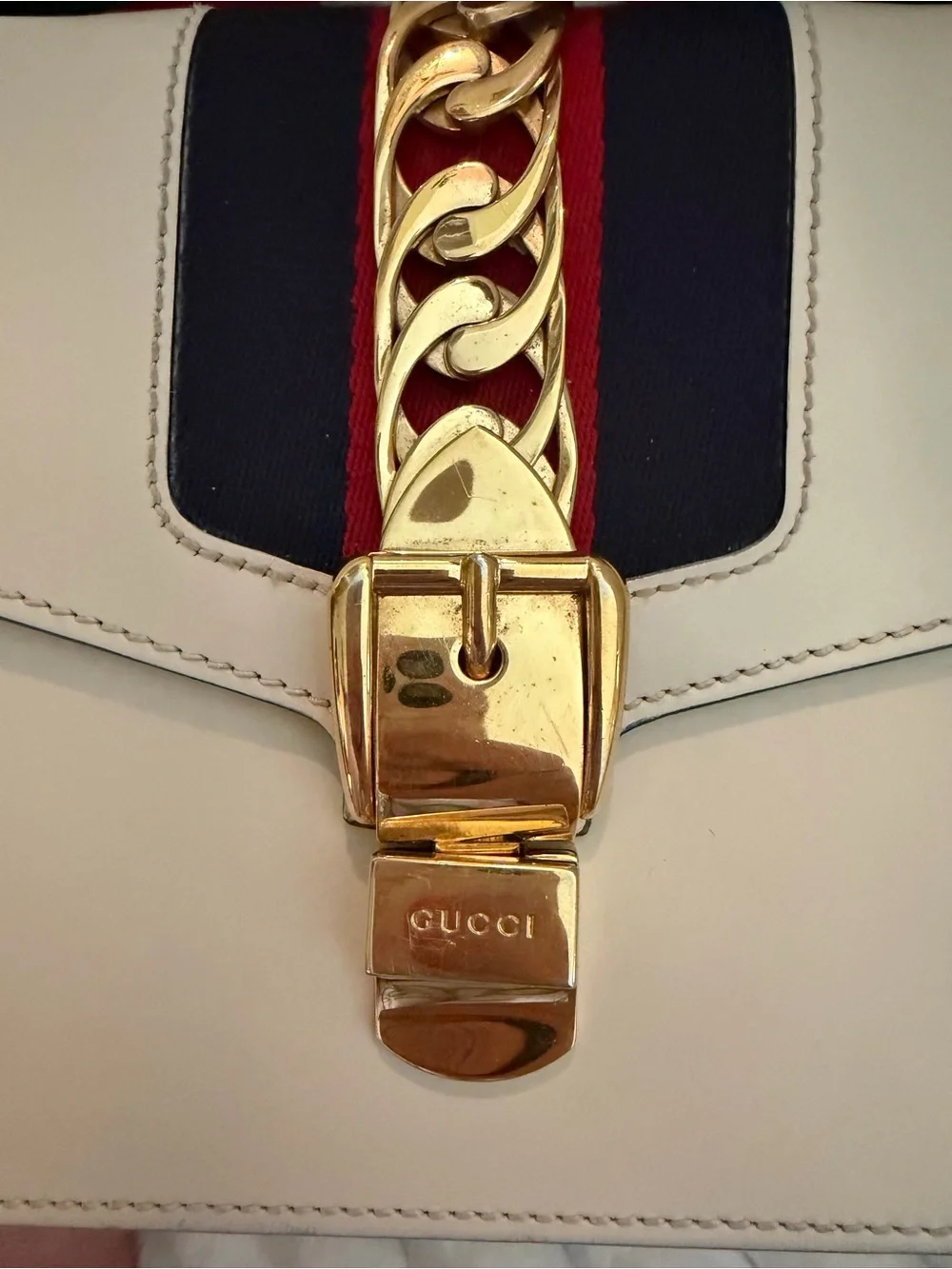 Gucci Small Sylvie Leather Shoulder Bag Off White Calfskin with Web Ribbon